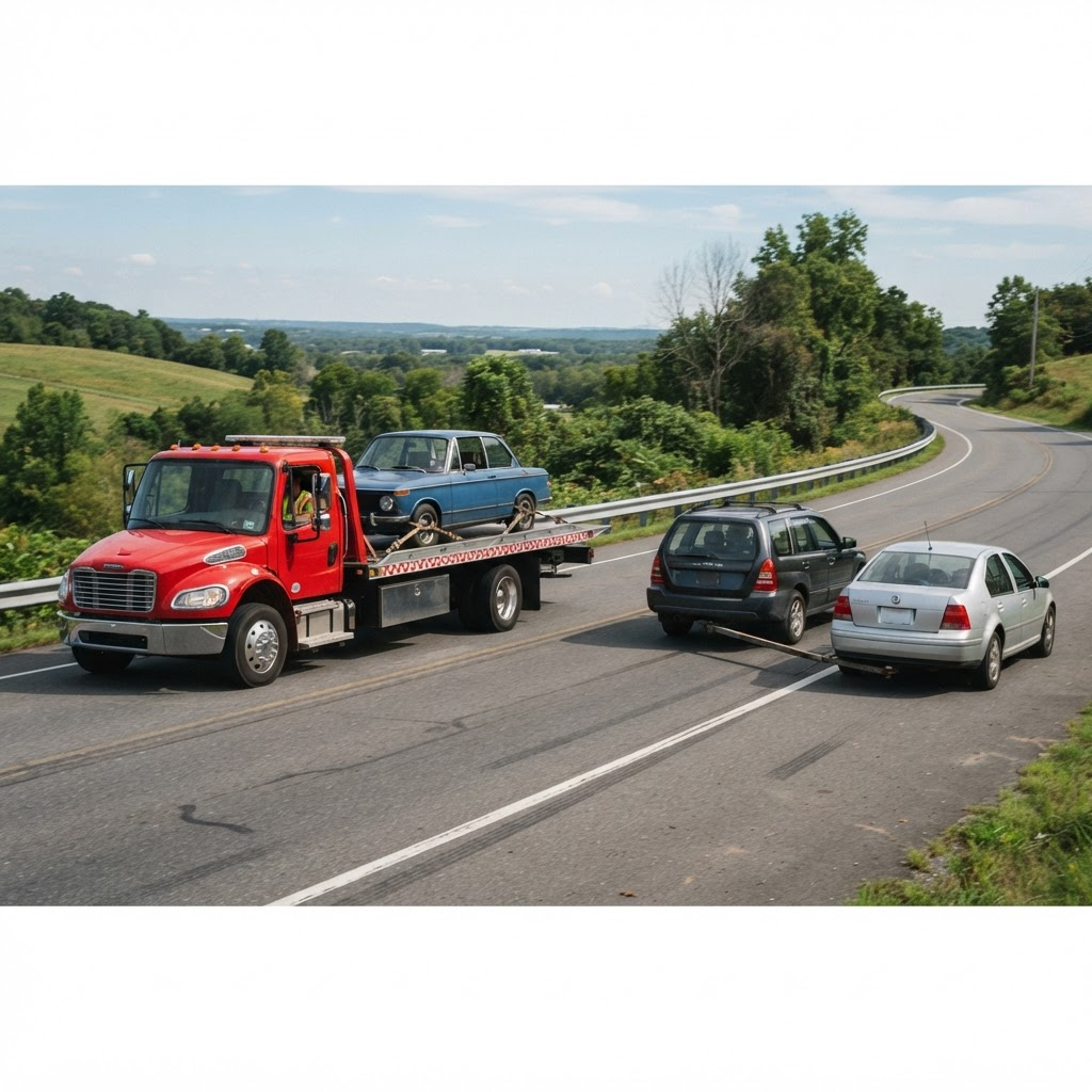 Automobilis ant tralo platformos šalia trosu tempiamo automobilio