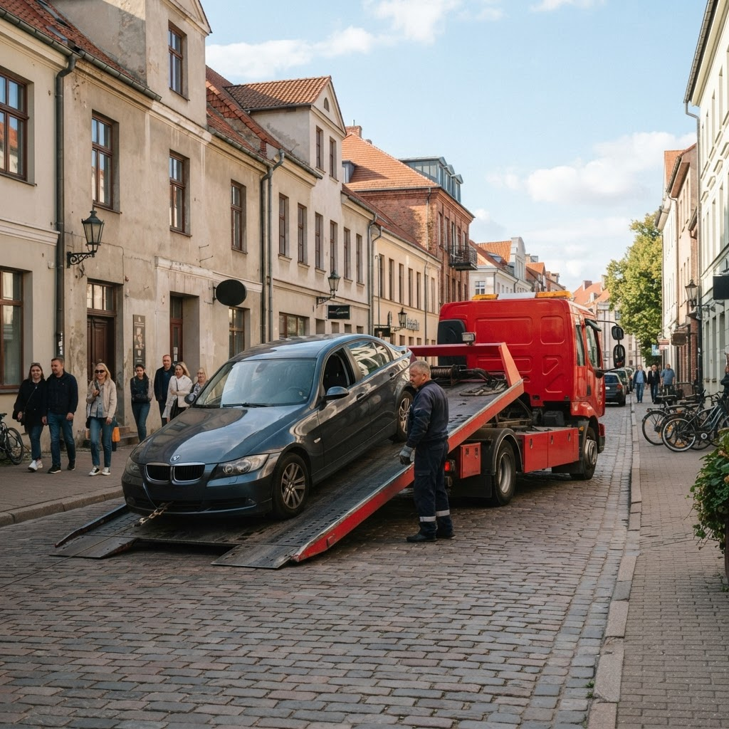 Kablys24 tralas pakrauna automobilį Klaipėdos gatvėje